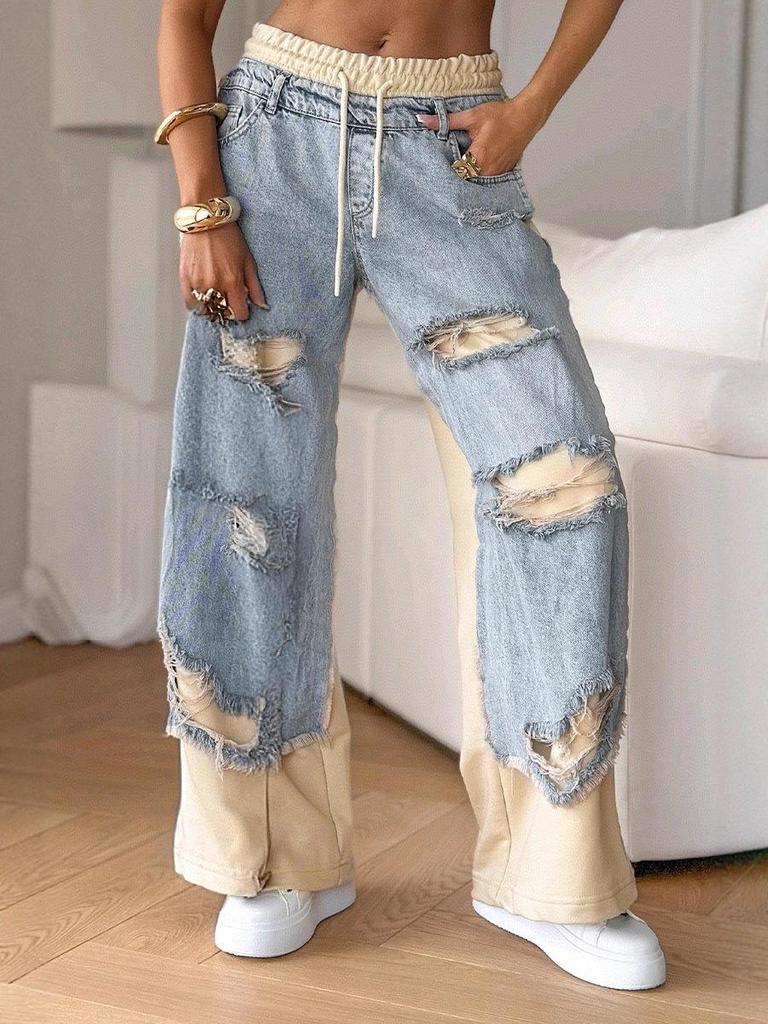 2025 Euro-American Style Straight-Leg Ripped Patchwork Summer Jeans