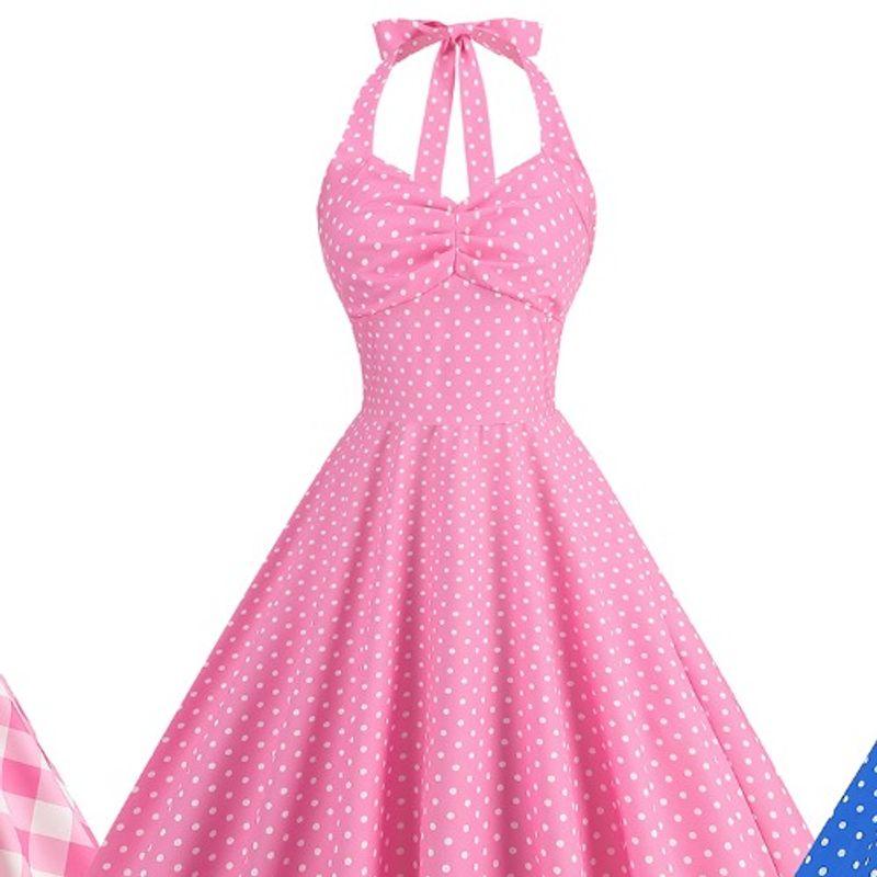 

Retro Hepburn Style Age Sense Polka Dot Halterneck Barbie Pink Plaid Silm Big Swing Mid-Length Dress Performance Skirt Pink dots M