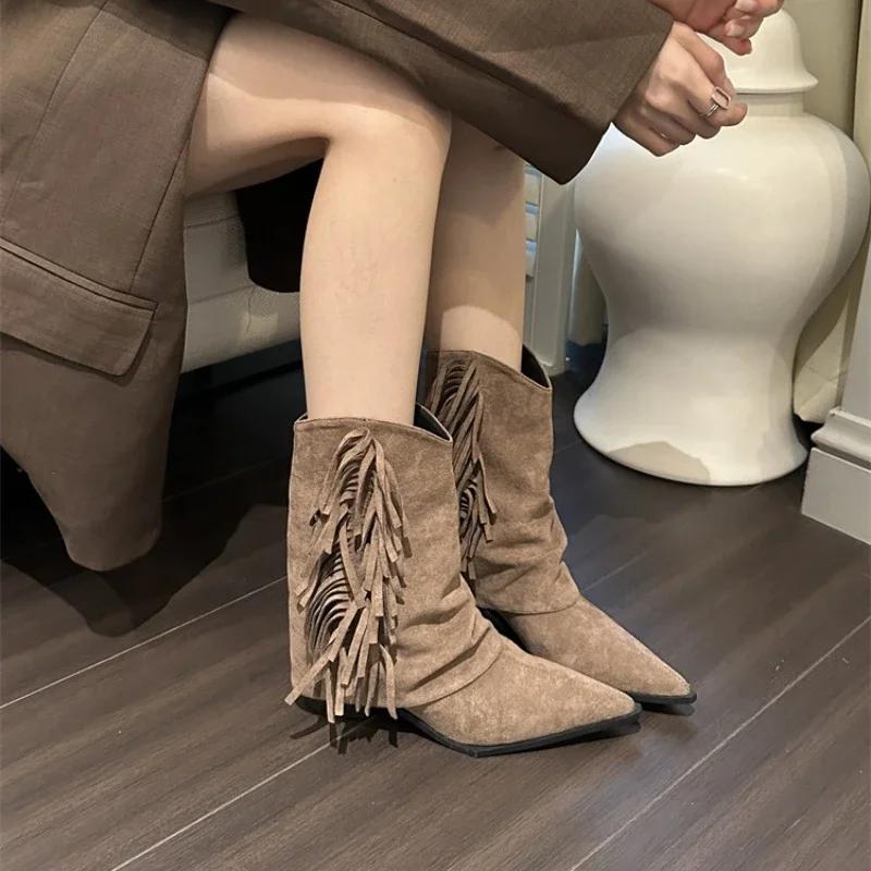 Fashion Ladies Shoes High Quality Mid-Calf Women's Boots Fashion Tassel Modern Boots Women Sexy Pointed Toe Solid Shoes for Women