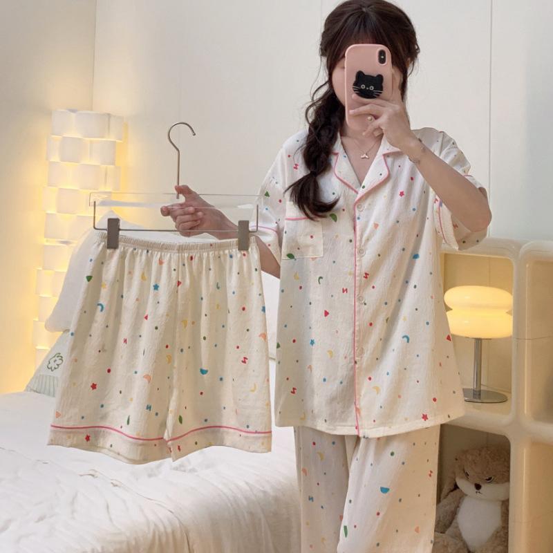 Summer Pajamas Loungewear Three-Piece Set of Advanced Sense of Cloud Cotton Pajamas Cartoon Moon Stars Printed Loungewear