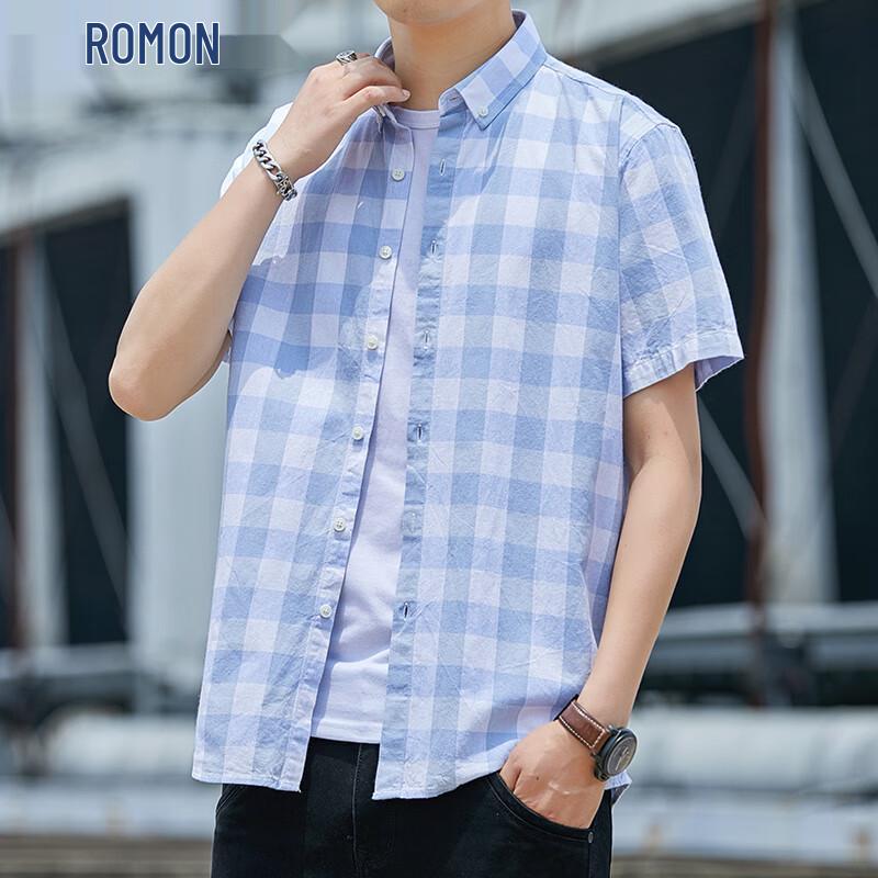 ROMON Men s 100% Cotton Short Sleeve Plaid Shirt L