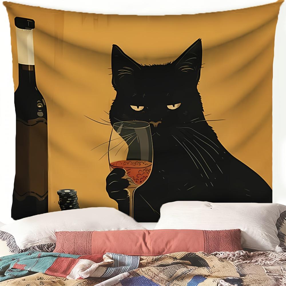 Retro Cool Black Cat Wine Tasting Tapestry Funny Illustration Style Cat Retro Style Vintage Decor Bohemian