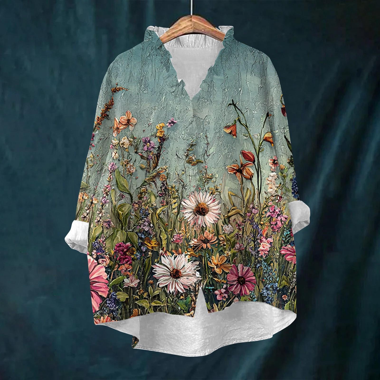 

Women s Loose Ruffled Retro Floral Print Stand Collar Long Sleeve Cotton And Linen Top S