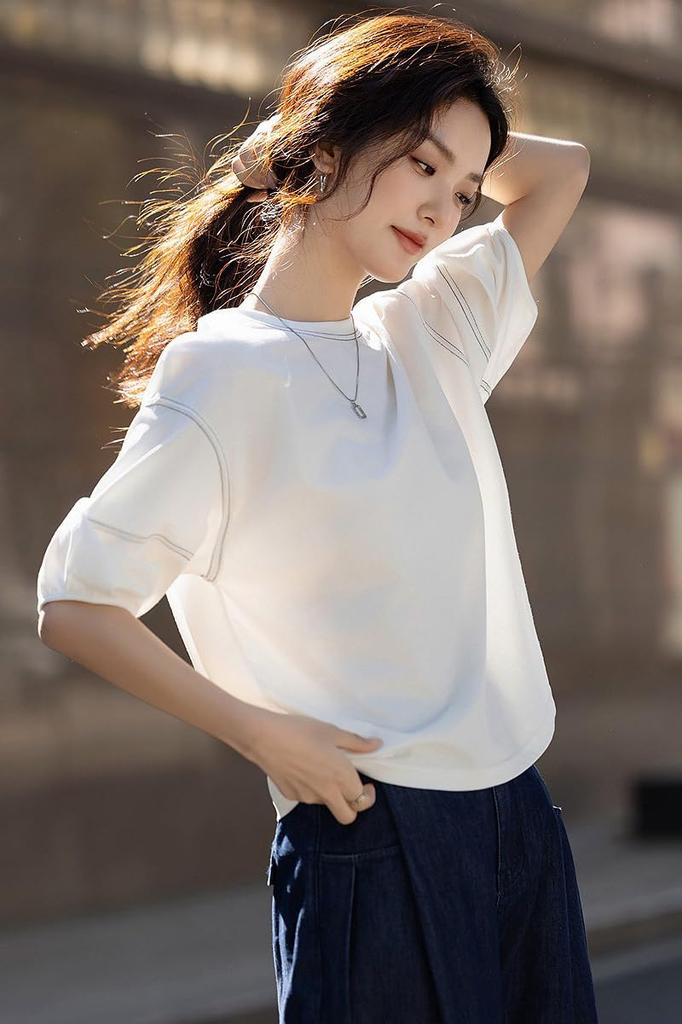 Blouse Summer Sleeve Puff Sleeve Top Crew Neck Loose Fit Body Covering Plain Jacket Feminine Cute Stylish Casual [H. zroy] Women's T-shirt 3/4