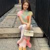 Miyake Pleated Tie-Dye Dress: Women's High-Neck, Short-Sleeve, Slimming Long Dress for Summer.