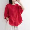 Primavera Autunno Stile Etnico Vintage Cotone Lino Camicia Casual Donna Scollo a O Ampia Moda Bottoni Blusa Manica Lunga Femminile Blusa