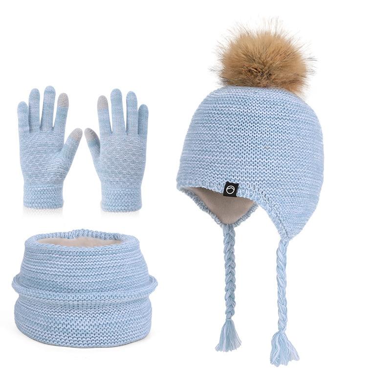 Winter Boys and Girls Baby Children's Hat, Scarf, Gloves, Three Piece Set, Outdoor Velvet Warm Ear Protection, Knitted Yarn Hat