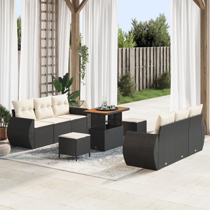 Ensemble de canapé de jardin 9 pièces avec coussins en poly rattan noir et acacia, Ensemble de salle à manger de jardin 3 3363780