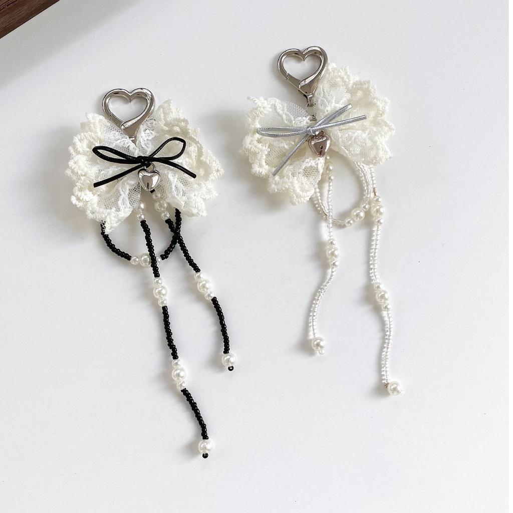 Elegant Pearls Lace Heart Keychain With Bowknot Charm And Tassels For Women Fashion Key HolderJewelry Gift