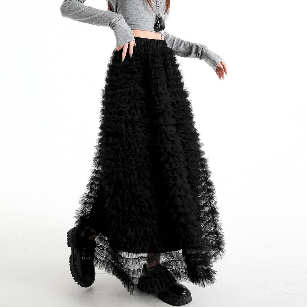 Women's 2026 Spring High Waist A-line Layered Mesh Fluffy Skirt