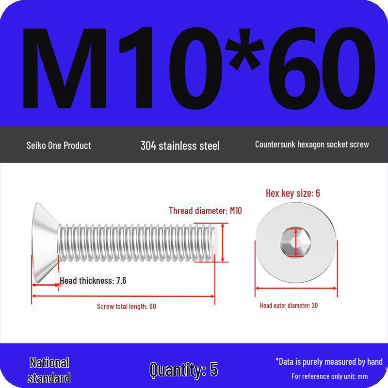 M2-M10 Stainless Steel Flat Head Machine Screws and Bolts Set, Countersunk Hex Socket Cap, 304 Grade.