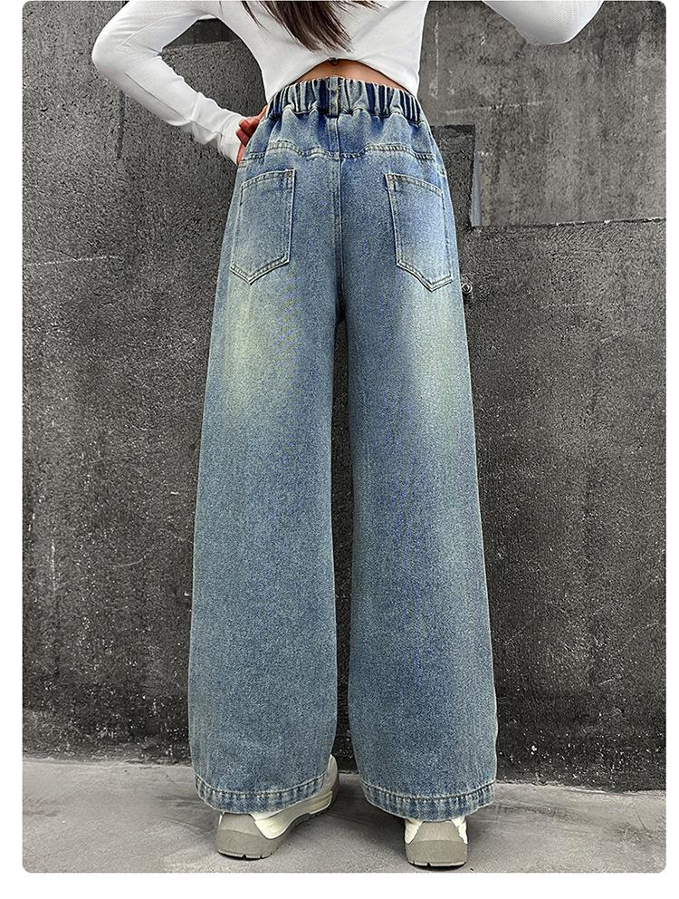 Girls' Stylish Graffiti Wide-Leg Denim Jeans - Spring & Autumn Street-Style Loose Fit for Big & Middle Kids