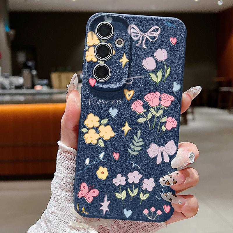 Cartoon Floral Bowknot Print Slim Phone Case For Samsung S25 S24 FE S23 Ultra A36 A56 A16 A55 A26 A35 Leather Texture TPU Soft Shockproof Matte Cover