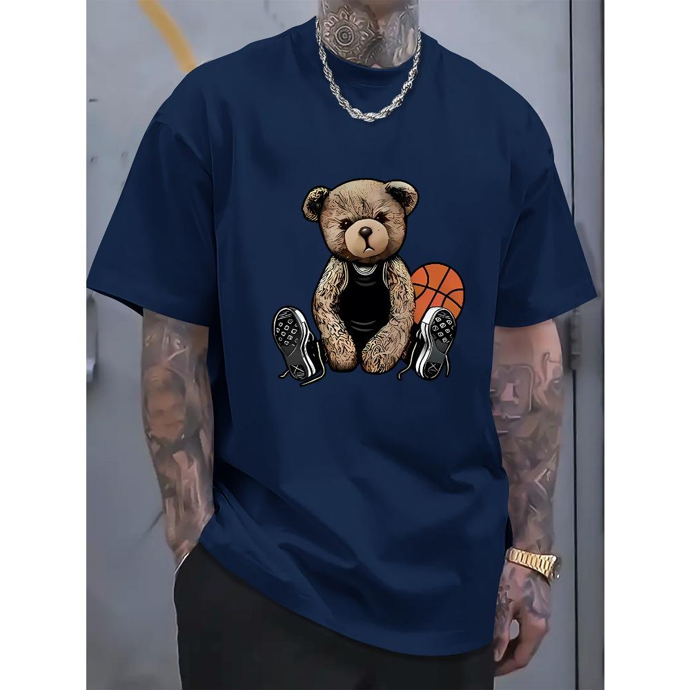 Men's Summer Fashionable and Fun Basketball Bear Print Comfortable and Breathable Round Neck T-shirt Outdoor Casual Top