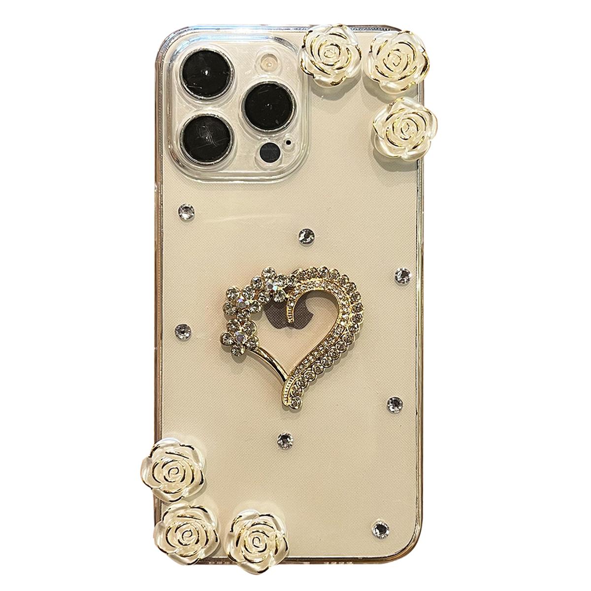 

For iPhone 16 Pro Max Case Rhinestone Heart Rose Decor Soft TPU Clear Phone Back Cover A
