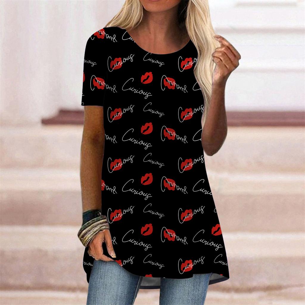 Plus Size Women Summer Sexy Lips Printed Comfy Short Sleeve Round Collar T-shirt Casual Baggy Mid Length Tee Tops