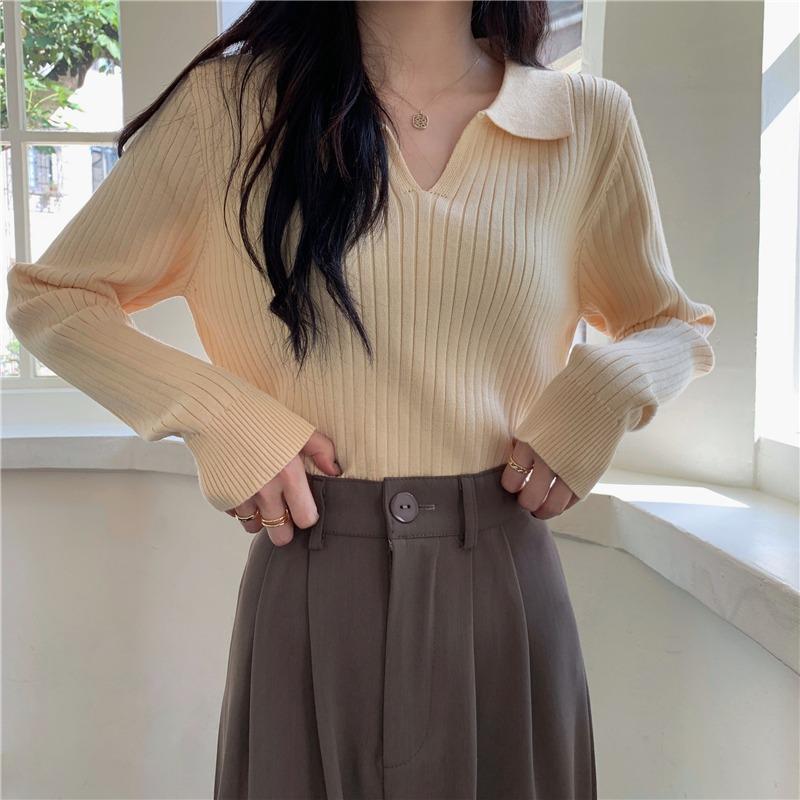 Vintage POLO neck apricot knitted sweater women s autumn  new popular long-sleeved sweater inside one size fits all