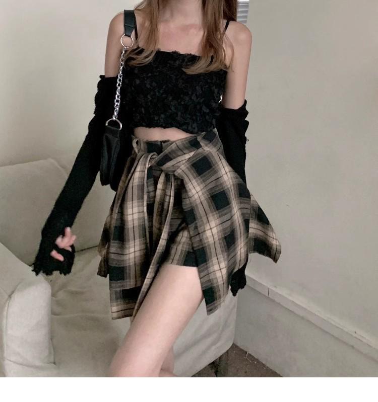 Women's 2025 Black Plaid A-Line Skort with Irregular Two-Piece Design