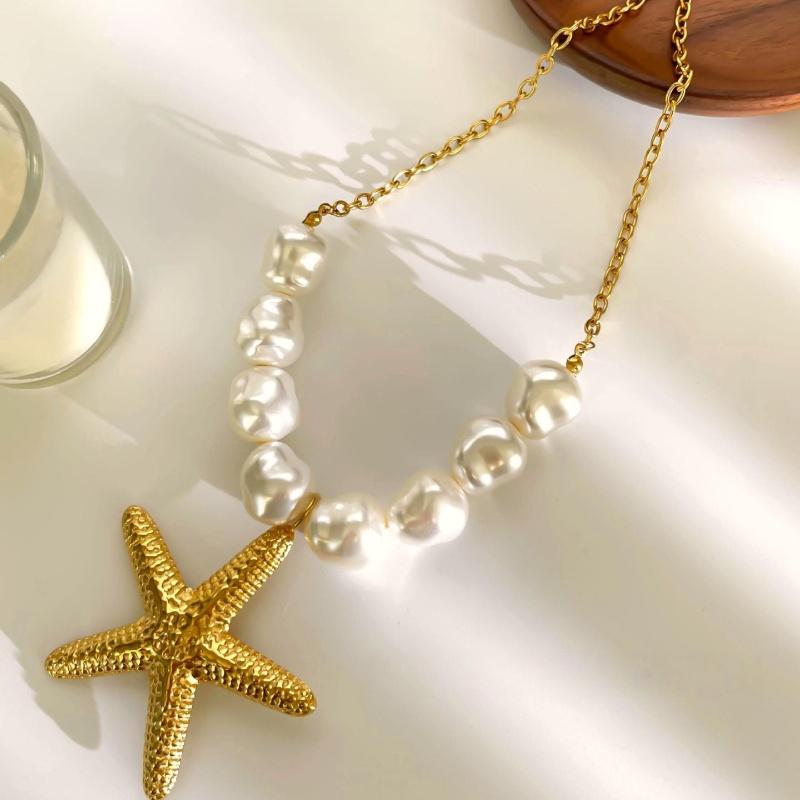 

1/2 шт. Преувеличенные панк-ожерелья с нерегулярными круглыми подвесками в виде морской звезды для женщин, имитация барочного жемчуга, цепочка на ключицу, пляжные украшения