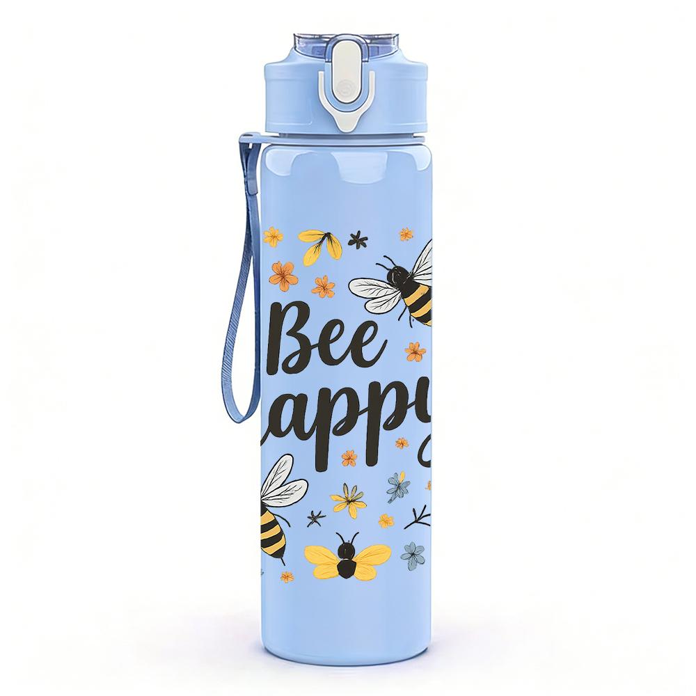 1PC Bee Happy Floral Letter 750ml Color Plastic Sports Water Bottle Leakproof Flip Straw Lid For Sports Office Home Use