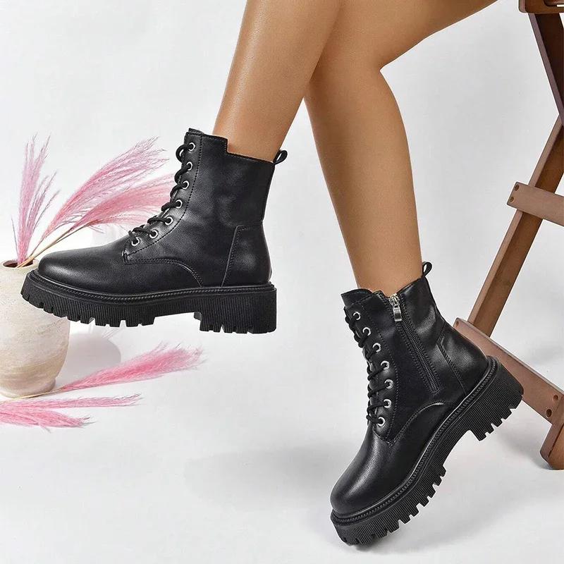 Thick Warm Long Plush Ankle Boots for Women Winter Lace Up Pu Leather Motorcycle Boots Woman Plus Size Short Booties Shoes