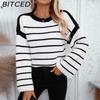 BITCED Autumn/Winter Women's O-Neck Loose-Fit Black-and-White Striped Pullover Long-Sleeved Knitted Sweater