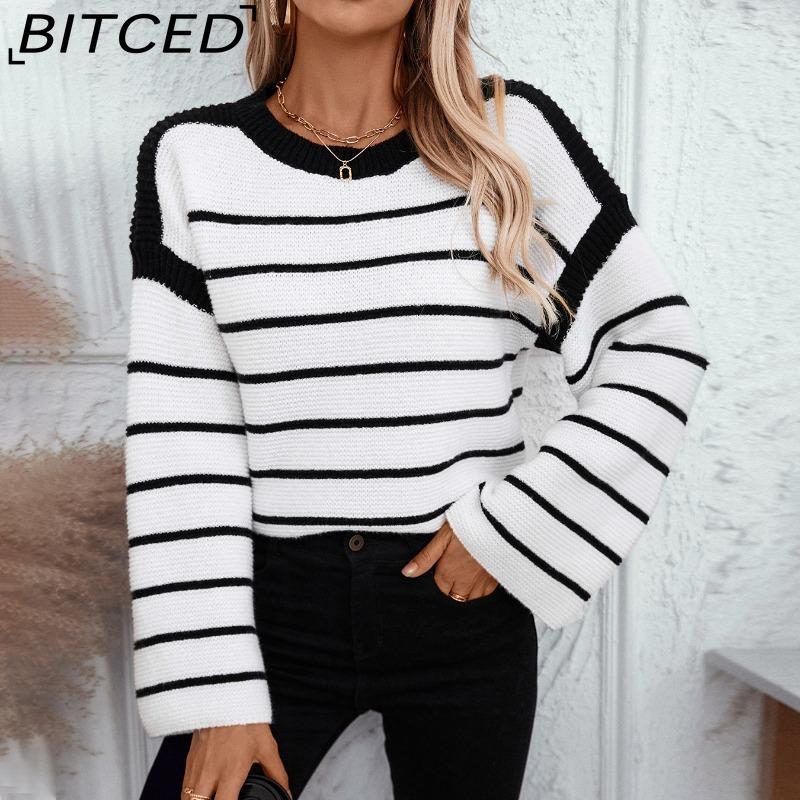 BITCED Autumn/Winter Women's O-Neck Loose-Fit Black-and-White Striped Pullover Long-Sleeved Knitted Sweater