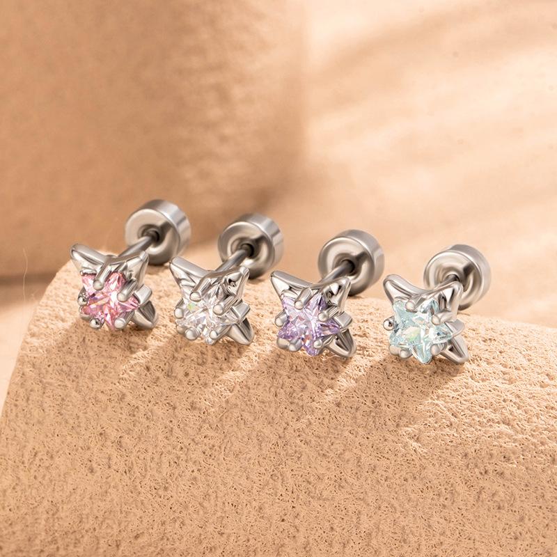 Earstuds with Double Headed earring Screws Titanium Steel Earbone Screws Four Star Versatile Classic High Grade Girl Earrings Jewelry