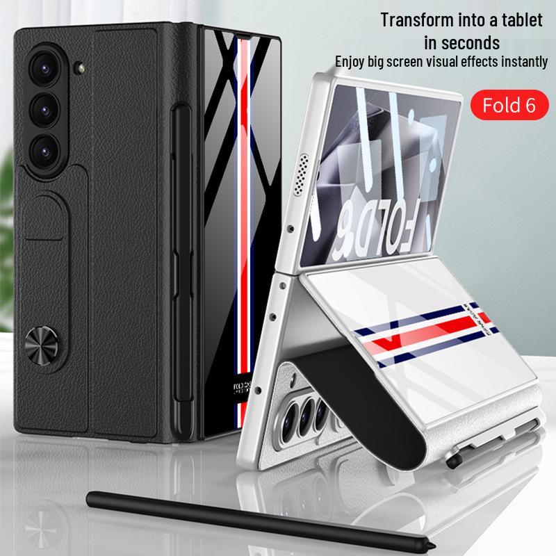 Samsung Z Fold 6 Leather Flip Case with Pen Slot and Glass Cover – Stylish and Business-Friendly.