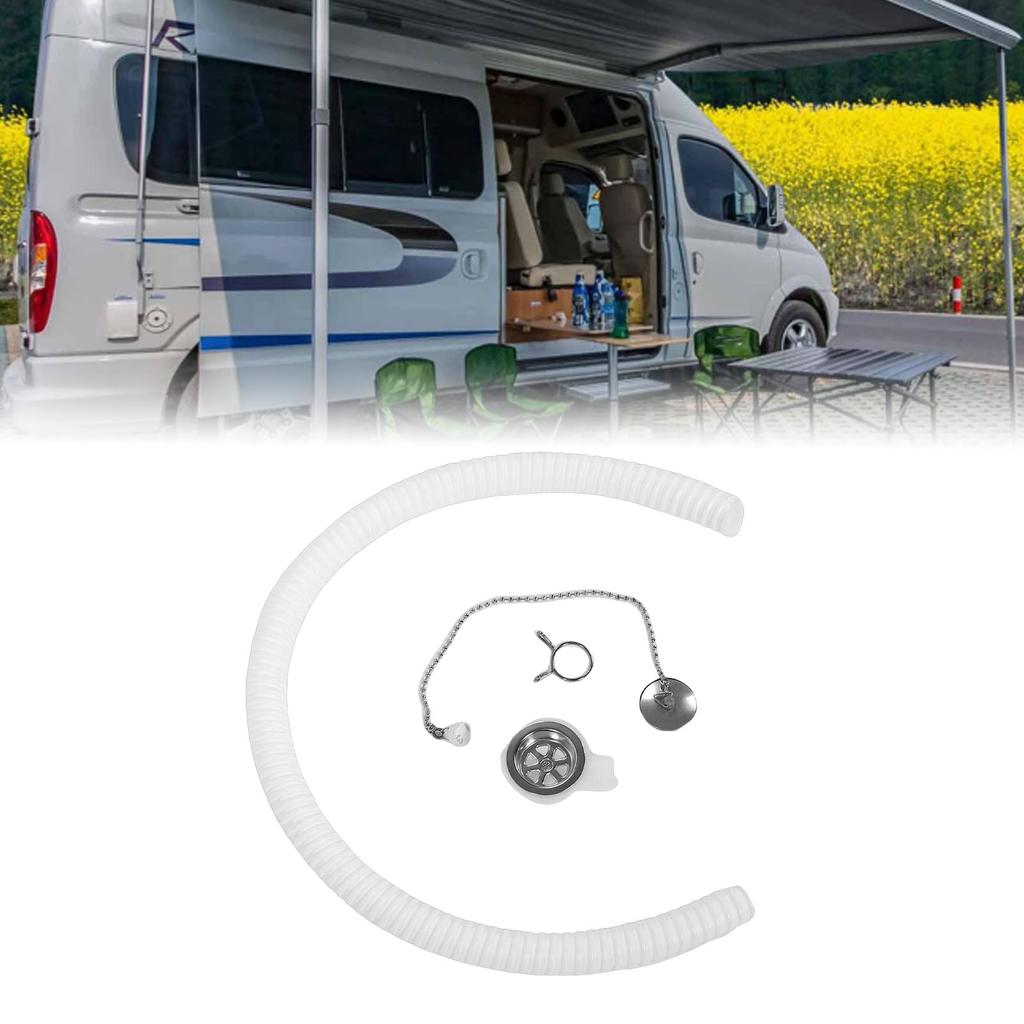 RV Sink Drain Connector Right Angle with Plug Anti Lost Chain Hose Clamp Kit Rustproof Sink Hose Sewer Adapter for RVs Yachts