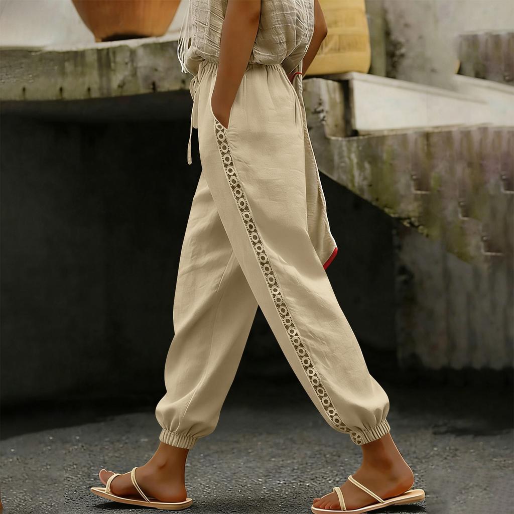 Women's Fashion Color Elastic Waist Drawstring Pocket Side Lace Small Legs Loose Casual Pants