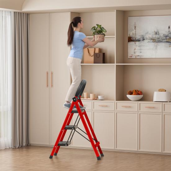 Step Ladder, 3 Step Ladder Folding Step Stool, Multi-Purpose Collapsible Ladder for Home or RV Outdoor Work, Heavy Duty 330 Lbs Load (White, Red)