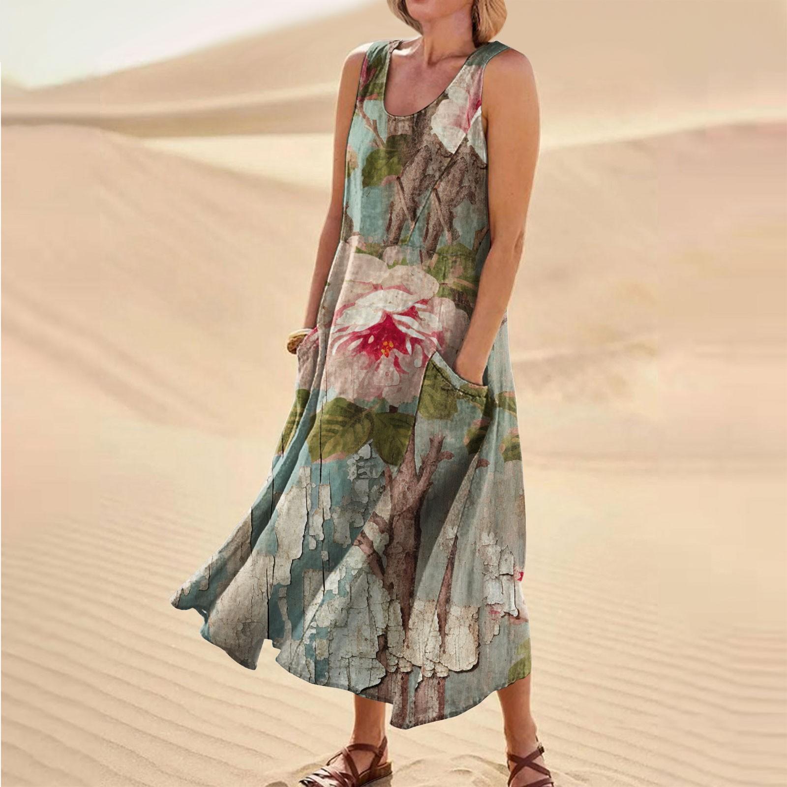 

Летние повседневные платья для женщин, сарафан без рукавов с цветочным принтом, плиссированная футболка, хлопковое платье с карманами XXL розовый