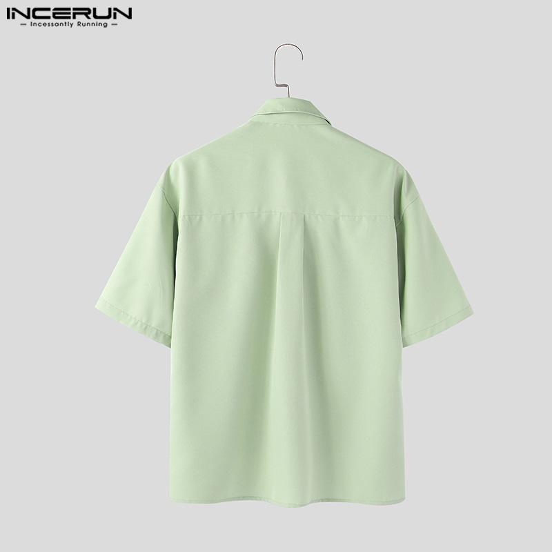 INCERUN Summer Men Lapel Tie Up Short Sleeve Buttons High Low Casual Shirts