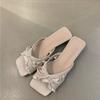 Fashion Bow Low Heel Cool Drag Women's Summer New Square Head Open Toe Outward Wear Lace Versatile Temperament Slip-on Flip-flops