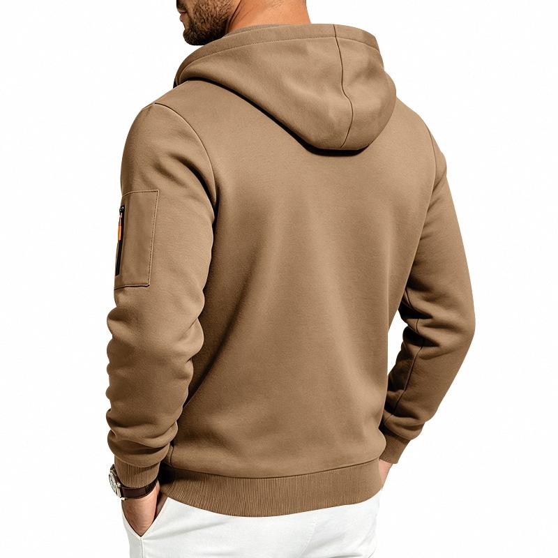 Men's Solid Zip‑Up Hooded Sweatshirt Casual Drawstring Hoodie Jacket Long Sleeve Arm Pocket Sports Outerwear for Male