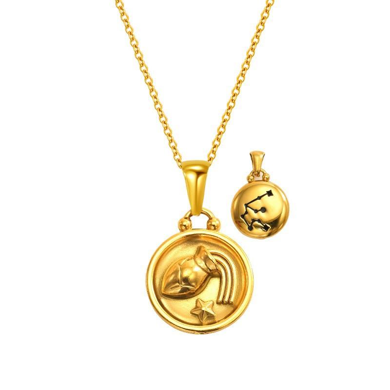 Gold Titanium Steel Round Double-Sided Wearing 12 Constellation Necklace Women'S Light Luxury Collarbone Chain Pendant