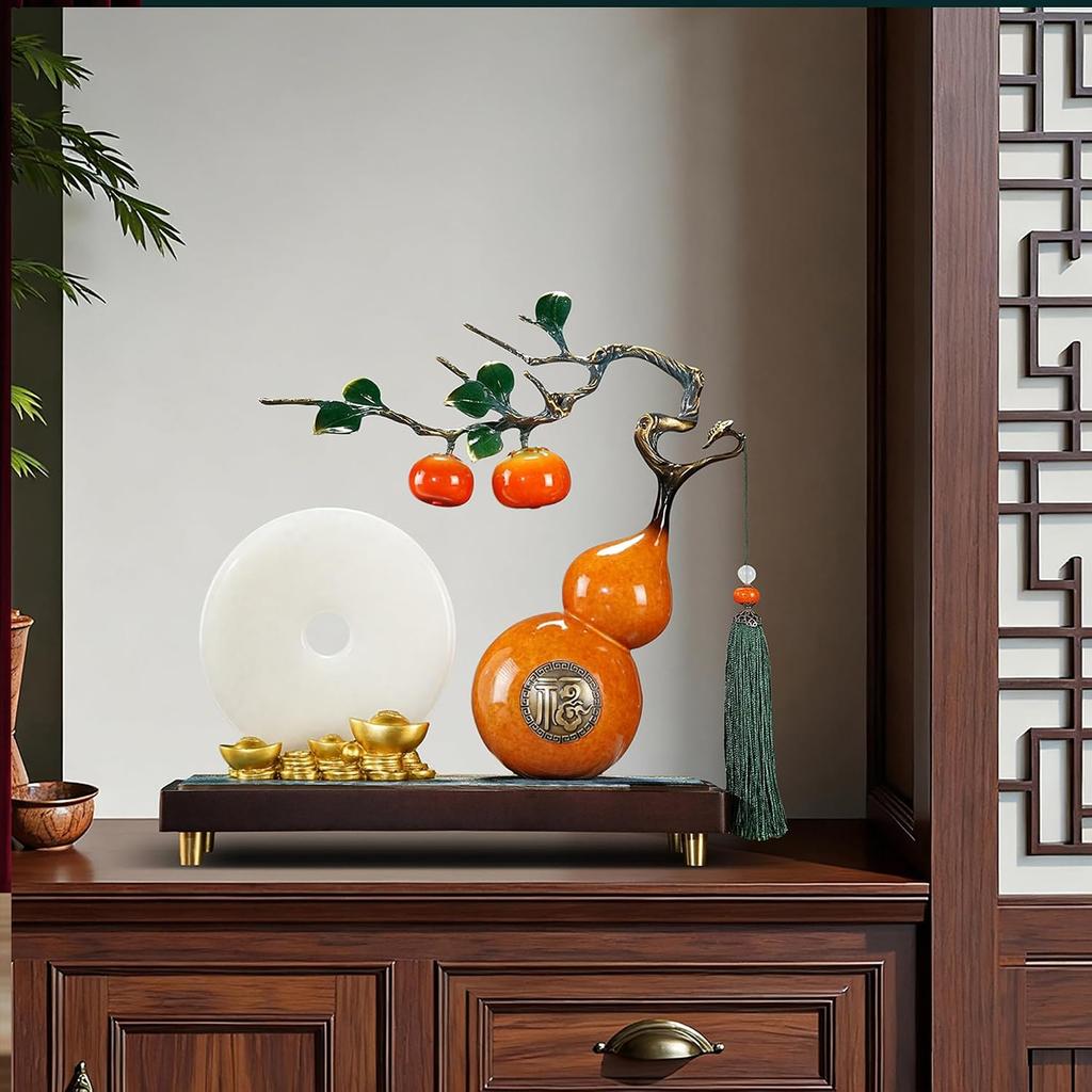 Aris & Juno Chinese Lucky Copper Calabash Statue with Jade Pingan Buckle - 13.7" Feng Shui Decor for Wealth & Fortune