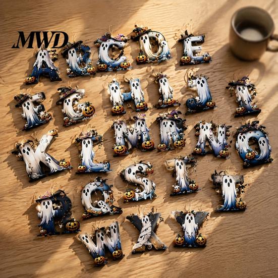 Creative Photo Prop Wall Decorations Halloween Letter Ornament, Spooky Hanging Wooden Alphabet Letters Pendant with Ghost Holiday Scenery for