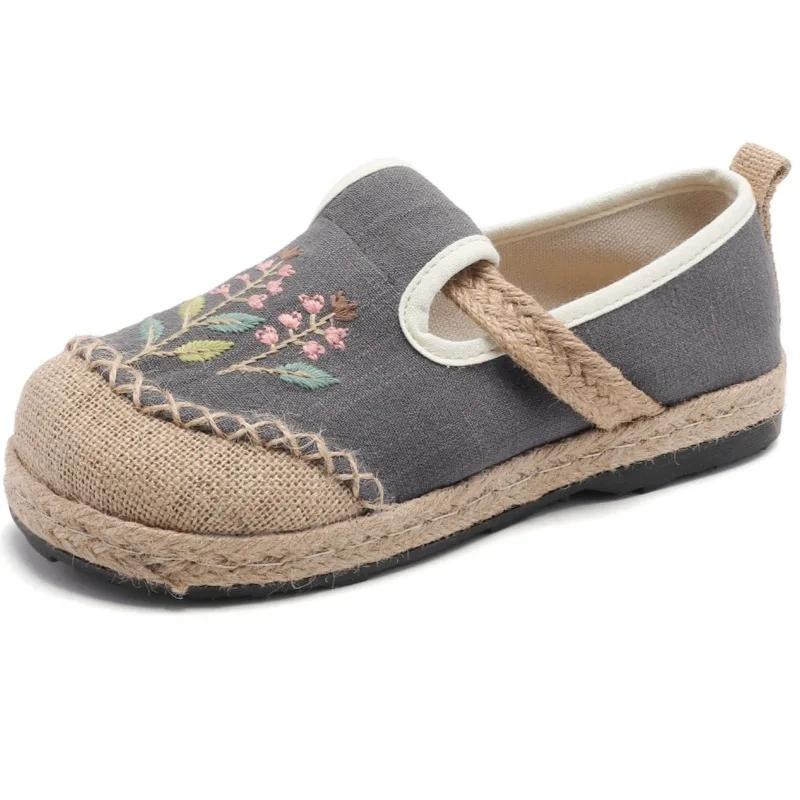 Fashion Bohemian Women Linen Canvas Slip-On Flats Comfortable Retro Loafers Ladies Casual Embroidered Sneakers Hemp Sole Women Shoes