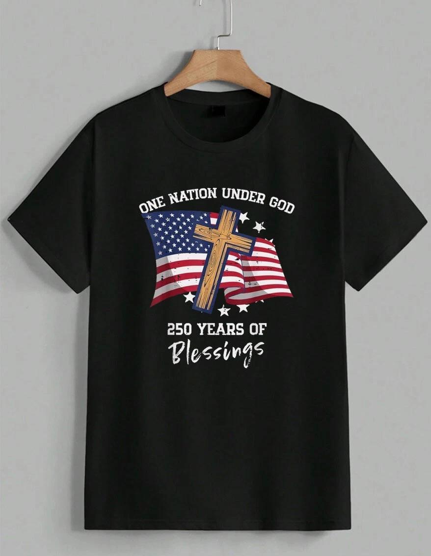 One Nation Under God T-Shirt 250 Years Blessings Christian USA Flag Cross Unisex XXL