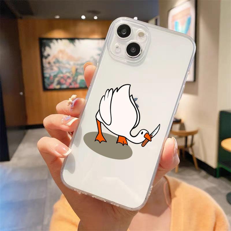 Cute Duck Cartoon Doubt Transparent Phone Case For iPhone 15 14 13 12 mini 11 Pro Max XS X XR SE 7 8 Plus Straight Edge Cover