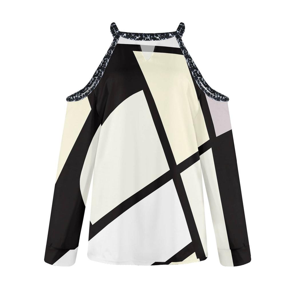 Women's Fashion Casual Temperament Round Neck Off-shoulder Irregular Color Long Sleeve T-shirt Top