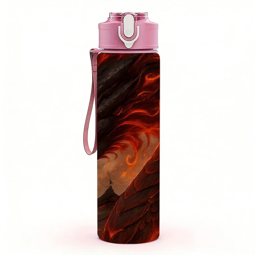 1PC Red Black Fire Dragon Creature Print 750ml Color Plastic Sports Water Bottle Leakproof Flip Straw Lid Suitable for Sports Office Home Use