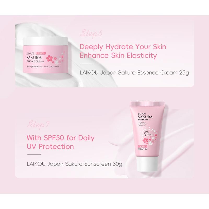 LAIKOU Japan Sakura Skin Care 7-pieces set, Face Cleanser Toner Serum Cream Mud Mask Sunscreen Eye Cream
