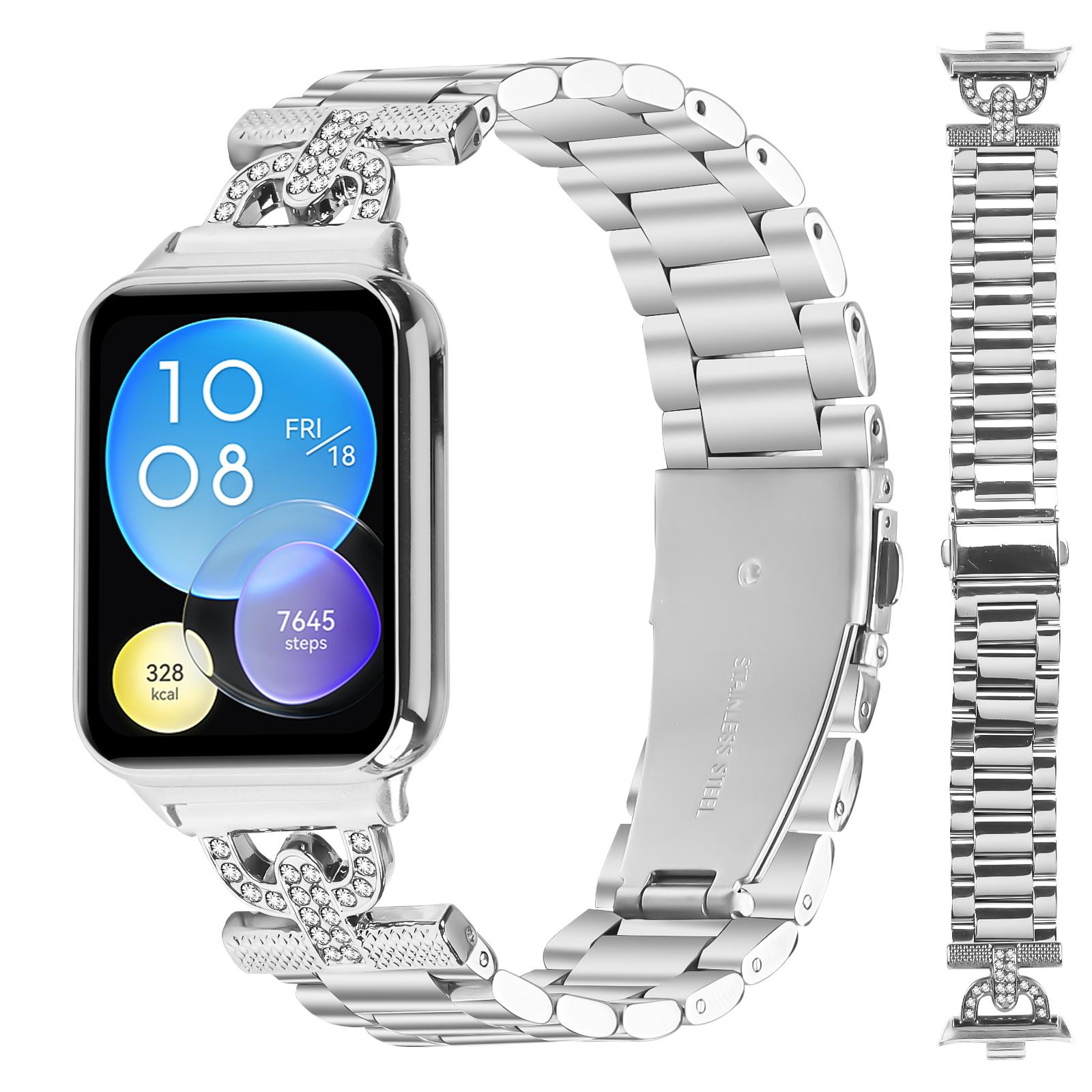 

Watch Strap for Xiaomi Redmi Watch 4 Silver Metal Band D-Shape Rhinestones Decor 3-Bead A