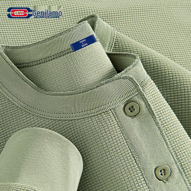 GENIOLAMODE Men s Waffle Knit Henley Long Sleeve T-Shirt XL