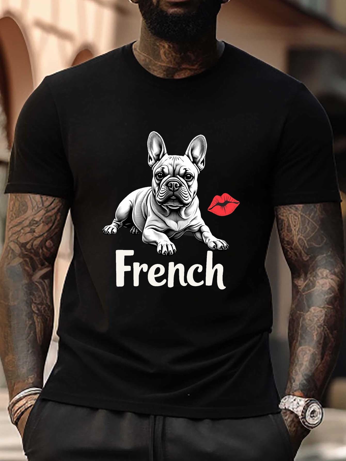 

French Bulldog with Kiss Mark & French Text Graphic T-shirt - Black Casual Short Sleeve Summer Tee XXXL