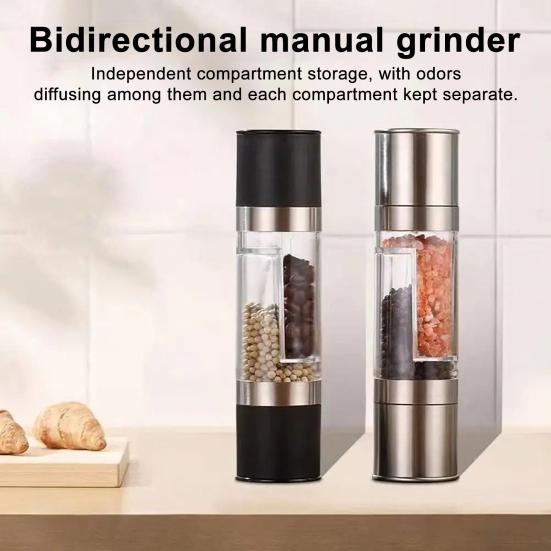 2-in-1 Salt And Pepper Grinder Set Adjustable Coarseness Manual Spice Mill with Glass Jar Stainless Steel Refillable Kitchen Shaker Bottle