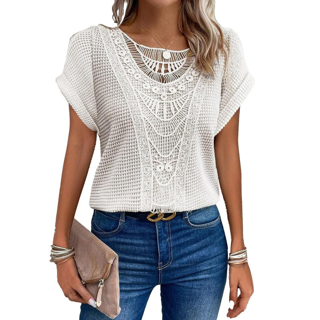 HNXC Spring Summer Lace Patchwork Short-sleeved T-shirt Women's Clothing